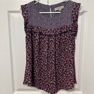 LOFT Burgundy and Light Blue Ruffle-Yoke Sleeveless Blouse